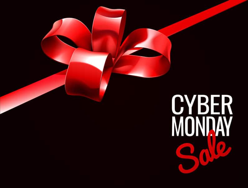 cyber monday sale red gift bow in a black background